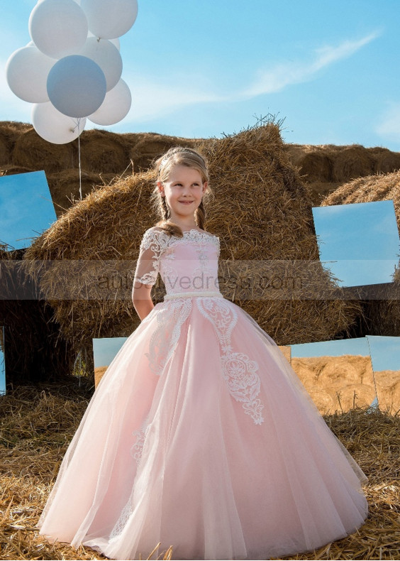 Off Shoulder Lace Tulle Corset Back Floor Length Flower Girl Dress